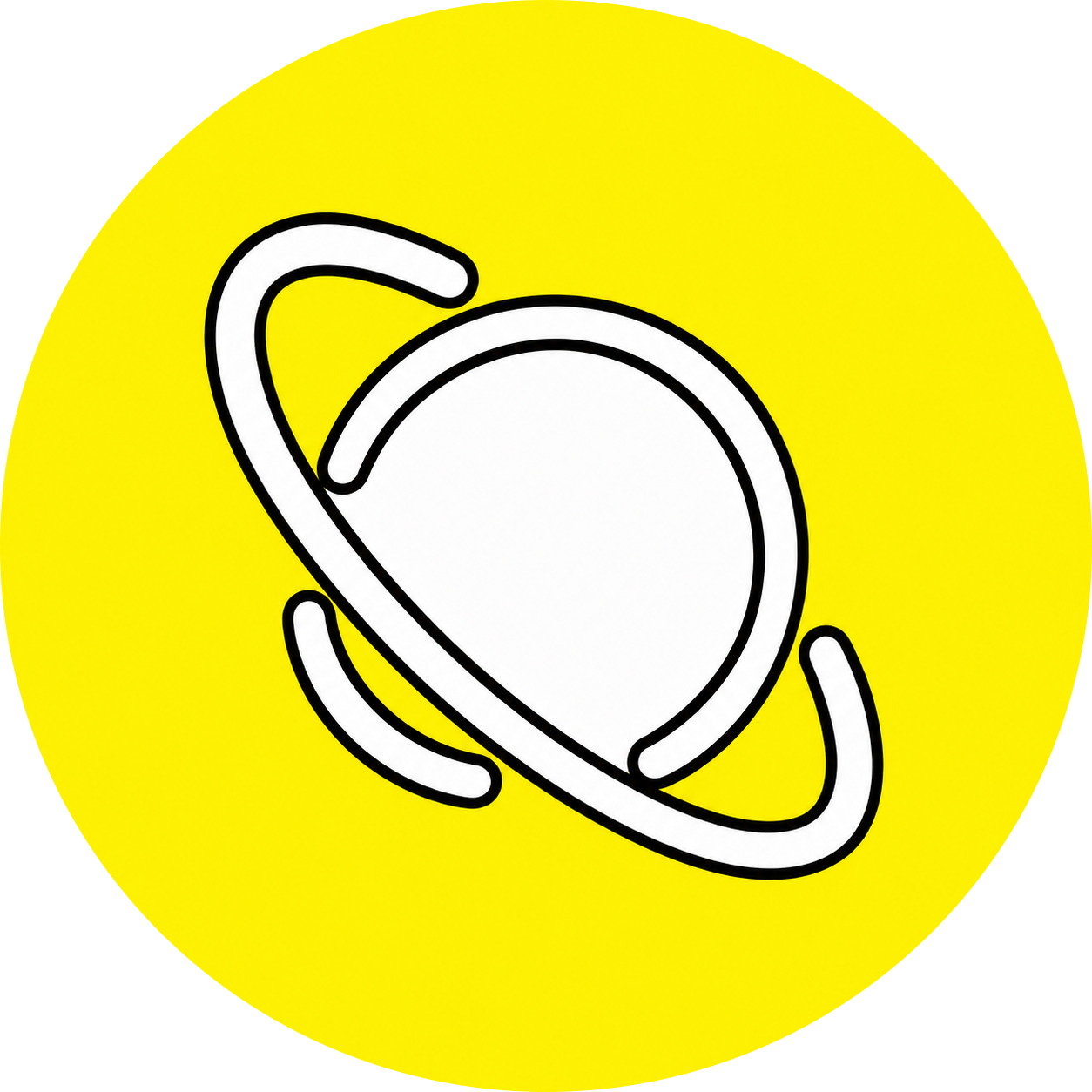 Snapchat Planet logo featuring a stylized white planet with orbital rings outlined in black on a bright yellow background.